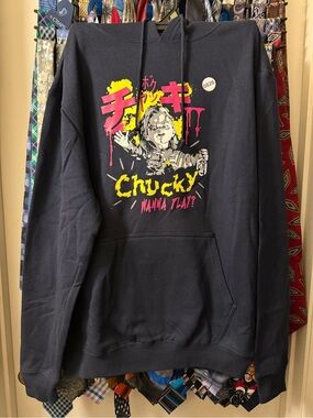 Graphic Image Chucky V-Neck Sweater in Black with Neon Yellow & Pink Graphic
